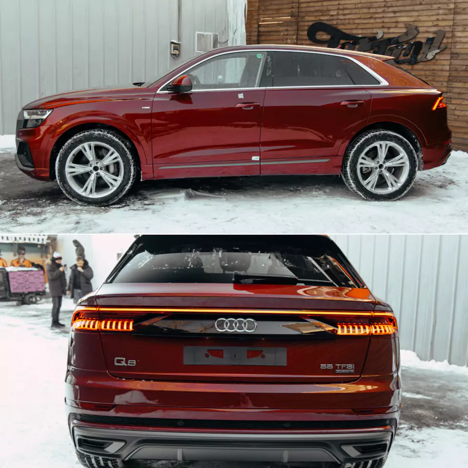 Месяц работы над новым Audi Q8, который 2 года простоял в Дубае! Оклейка в цветной полиуретан с проемами, окрас дисков и фирменный шиномонтаж, окрас суппортов в candy с лого, антихром, детейлинг